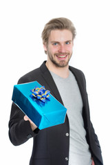happy handsome man with blue present box