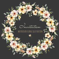 Wreath, circle frame with watercolor pink flowers bouquets and feathers, hand drawn on a dark background