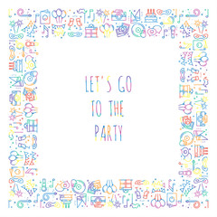 Party square frame. Celebration pattern. Birthday, holidays, event, carnival festive. Party decor elements thin icons. Colorful vector illustration. Line background. Texture. Mask gifts cake cocktail