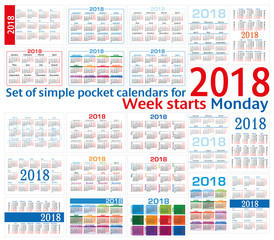 Set of simple pocket calendars for 2018 (Two thousand eighteen). Week starts Monday