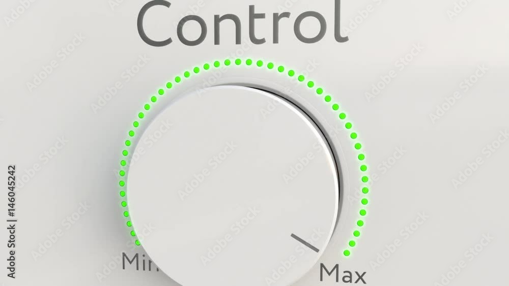 Poster turning white hi-tech knob with control caption from minimum to maximum, close-up. conceptual 4k cli