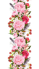 Floral border with flowers, roses, feathers. Vintage repeated strip. Watercolor