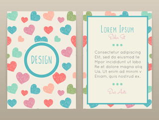 Cover design with chaotic hearts. Shaded shapes are arranged in random order. Romantic background. It can be used for invitation, card, cover book, catalog. Size A4. Vector illustration, eps10