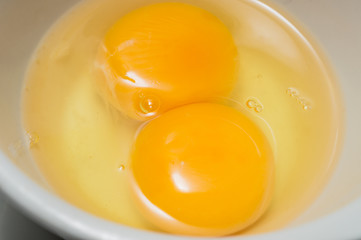 Fresh Eggs, Twin Egg Yolk in Glasses Bowl
