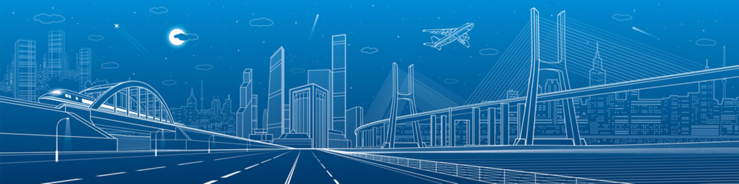 Infrastructure panorama. Large cable-stayed bridge. Train move on the bridge. Airplane fly. Empty highway. Night modern city on background, towers and skyscrapers, vector design art 