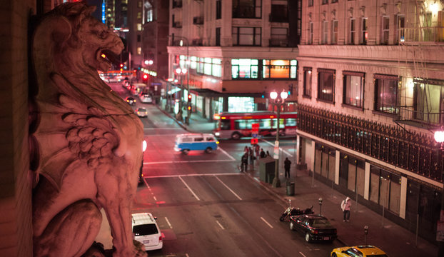 Gargoyle overlooking the streets of downtown Los Angeles