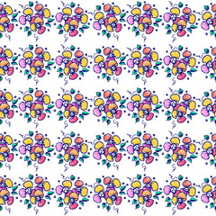 Fototapeta na wymiar Seamless vector hand drawn floral pattern. Colorful Background with flowers, leaves. Decorative cute graphic line drawing illustration. Print for wrapping, background, fabric, decor, textile, surface