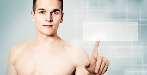 Handsome Man Looking For a Things. Guy and Empty Virtual Display