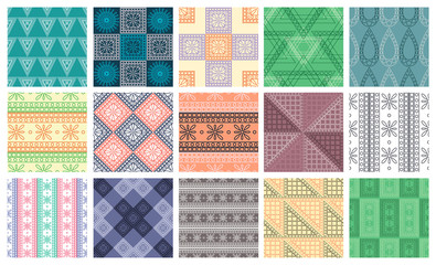 Set of seamless vector geometric colorful patterns with ornamental elements,endless background with ethnic motifs. Graphic vector illustration. Series- sets of vector seamless patterns.