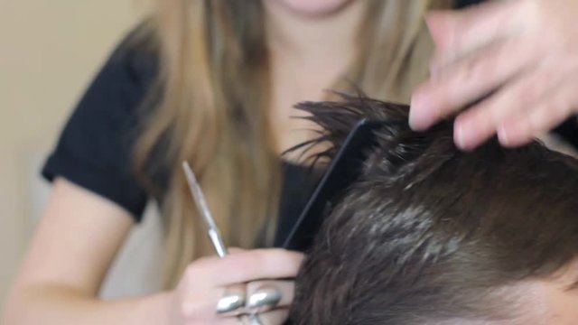 Woman getting a haircut by a professional hairdresser using comb and grooming scissors