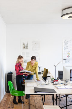 Colleagues in office looking at paperwork in ring binder