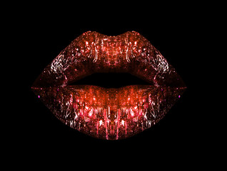 Brilliant lips with red lipstick isolated on black background. Lip gloss, cosmetics for makeup. Sensual sexy female lips. Contour of painted lips - obrazy, fototapety, plakaty