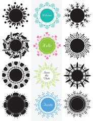 Collection of circle banners, badge with flowers. Design elements for card, labels, stickers easy to change colors.