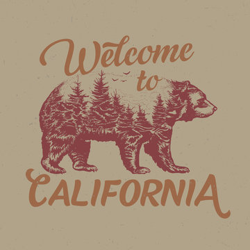 Welcome To California T-shirt Label Design With Illustration Of Bear Silhouette.