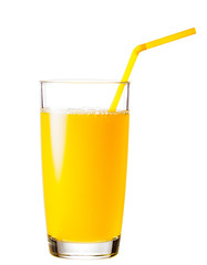 Full glass of orange juice with a straw