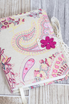 Notebooks, planners and photo albums in scrapbooking style with colorful pages