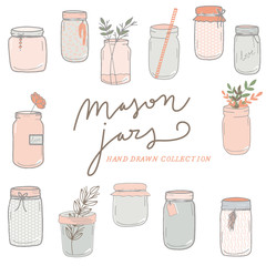 Mason Jars hand drawn collection, flowers, wedding - obrazy, fototapety, plakaty
