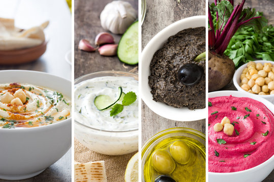 Collage of hummus, tzatziki and tapenade

