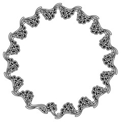 Black and white round frame with floral silhouettes.  Vector clip art