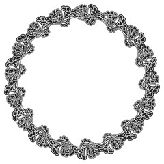 Black and white round frame with floral silhouettes.  Vector clip art