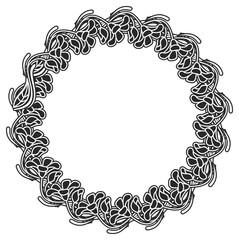 Black and white round frame with floral silhouettes.  Vector clip art
