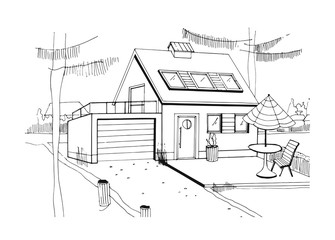 Hand drawn country house. modern private residential house with garage. black and white sketch illustration.