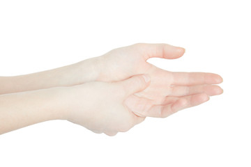 Woman hand with palm area pain isolated on white, clipping path