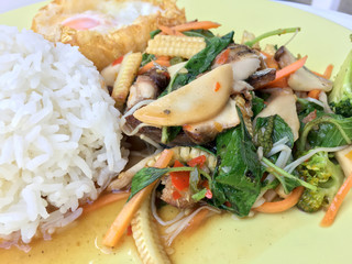 Fried mackerel with vegetable and paste sauce, fried egg. Thai food