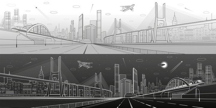 Infrastructure panorama. Large cable-stayed bridge. Train move on the bridge. Airplane fly. Empty highway. Modern city on background, towers and skyscrapers. Day and night version. Vector design art 