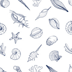 Hand drawn seamless pattern with seashells. Vector monochrome background.