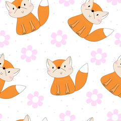 Lovely seamless pattern with cute foxes and flowers. Awesome background in bright colors in vector