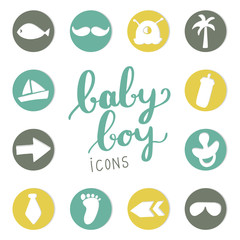 Hand drawn icons baby boy, baby set, boy elements