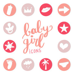 Hand drawn icons baby girl, baby set, girl elements