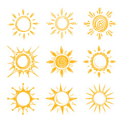Funny doodle summer smile orange sun vector icons