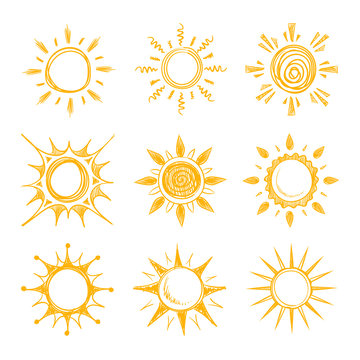 Funny doodle summer smile orange sun vector icons