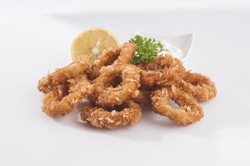 calamari squid rings with lemon & mayonnaise 