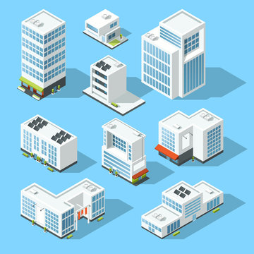 Isometric industrial buildings, offices and manufactured houses. 3d map vector illustration set