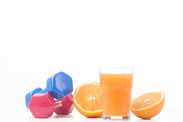 Fitness concept with dumbbells and healthy food 