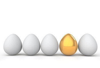 3d rendering of unique golden egg among white ones