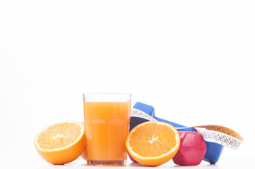 Fitness concept with dumbbells and healthy food 