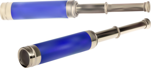 blue and silver telescopes isolated on white