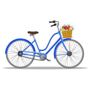 Bicycle with basket of flowers.