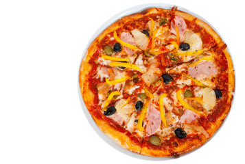 Hawaiian pizza with pineapple, ham, chicken, cheese, olives and vegetables. top view. isolated on white