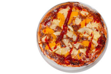  sweet pizza with fruits. top view. isolated on white