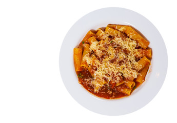 pasta rigatoni with tomato sauce and cheese. top view. isolated on white