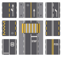 Collection of roads highway top view elements. Detailed isolated road plan surface. Two lane traffic. Vector illustration.