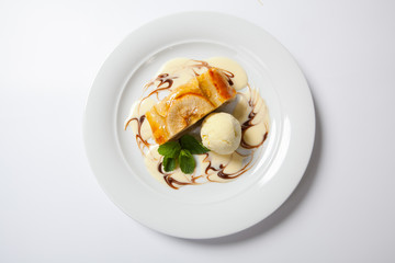 Apple strudel with vanilla ice cream