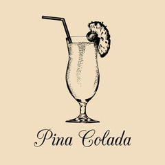 Pina Colada glass isolated. Hand drawn sketch of cocktail with slice of pineapple, cherry and straw for menu design.