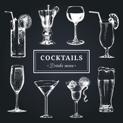 Cocktails menu. Hand sketched alcoholic beverages glasses. Vector set of drinks illustrations, beer, pina colada etc.