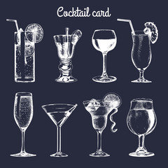 Cocktail card. Hand sketched alcoholic beverages glasses. Vector set of drinks illustrations, vodkatini, champagne etc.